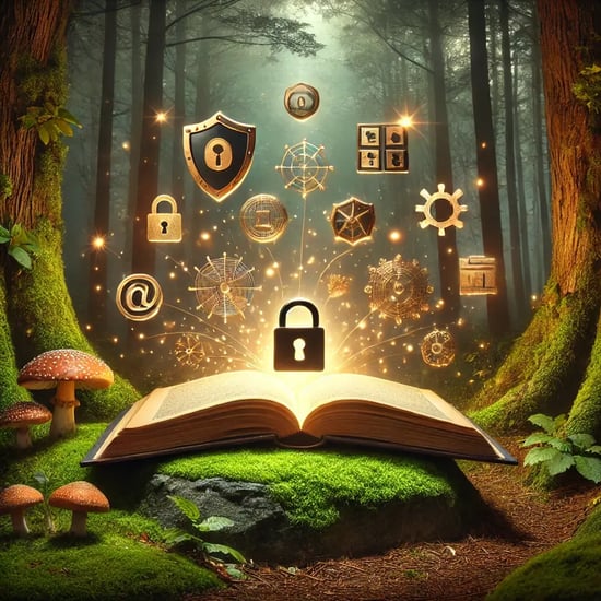 DALL·E 2025-03-19 13.58.24 - A digital illustration of an open storybook resting on a moss-covered rock in an enchanted forest. The pages glow softly, with elegant cybersecurity i